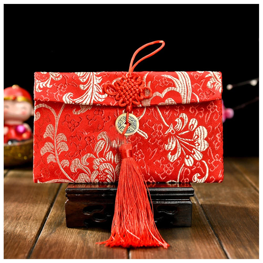 Chinese Style Brocade Red Envelope Bag Spring Festival Luck Red Packets Bag for Chinese Wedding Birthday Invitation Card Bag