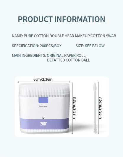 200PCS/box - high-quality double ended cotton swabs - suitable for personal cleaning, gentle makeup removal, makeup swabs, etc