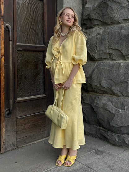 Bornladies 2025 Summer Women's 100% Cotton V-Neck Lace-Up Bubble Sleeve Shirt  Long Skirt Set Loose Casual Two-Piece Suit