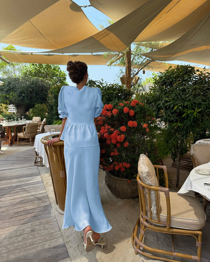 Bornladies 2025 Summer Women's 100% Cotton V-Neck Lace-Up Bubble Sleeve Shirt  Long Skirt Set Loose Casual Two-Piece Suit