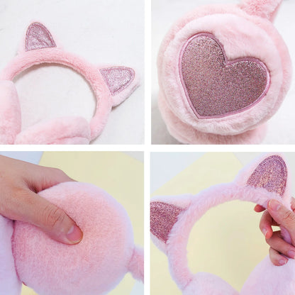 Plush Winter Warm Ear Earmuffs Glitter Cat Ear Warmers Heart Fur Hang Ear Cover for Women Girl Earflap Cold Protection Ear Muffs