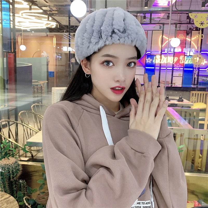 Women Handmade Stretch 100% Real Rabbit Fur Scarf Knit Genuine Rex Rabbit Fur Headbands Girls Natural Rabbit Fur Ring Scarves
