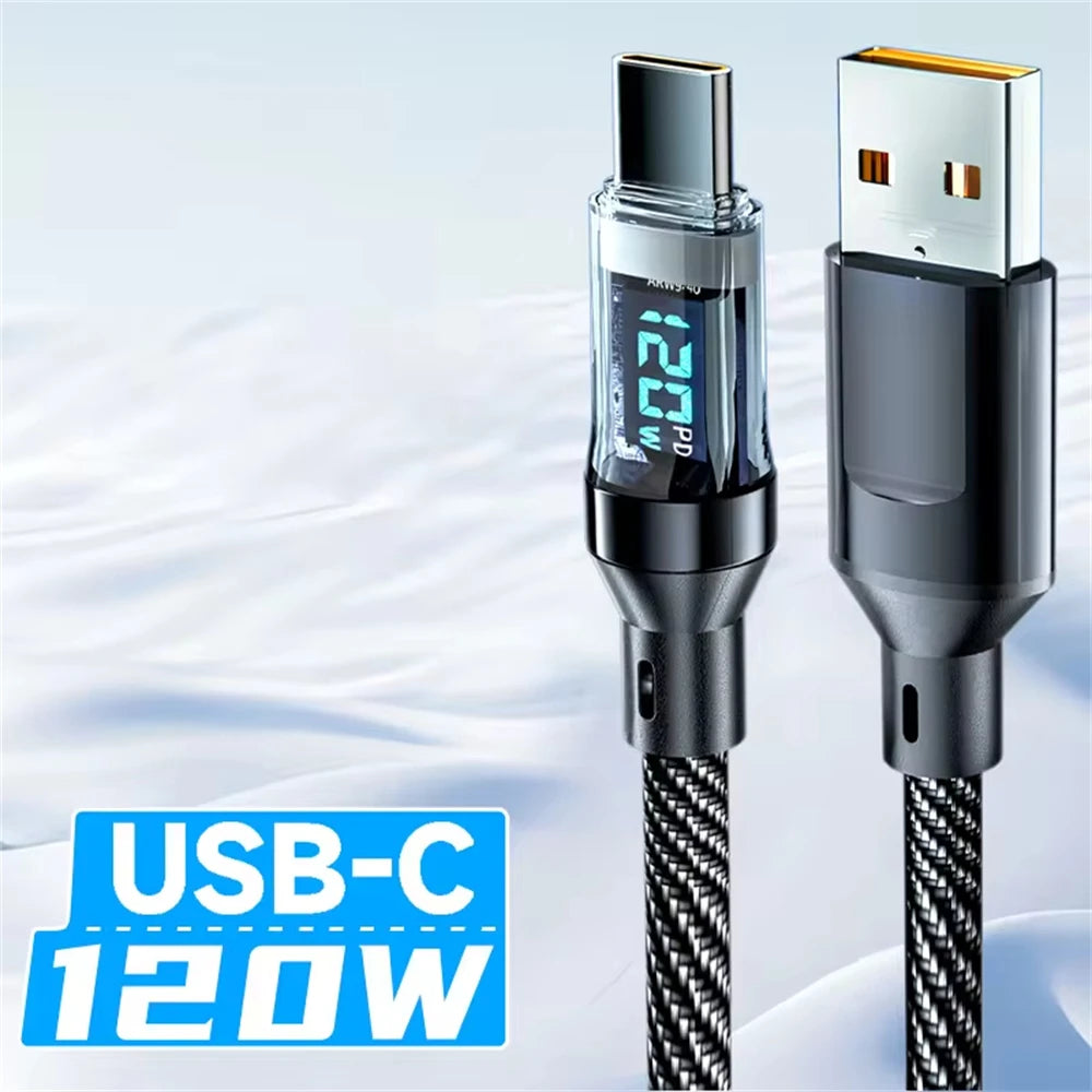 NNBILI 100W USB C 120W USB A Charging Cables with LED Display Screen, USB C=C-C，USB A=A-C, Not for Xiaomi iPhone Samsung