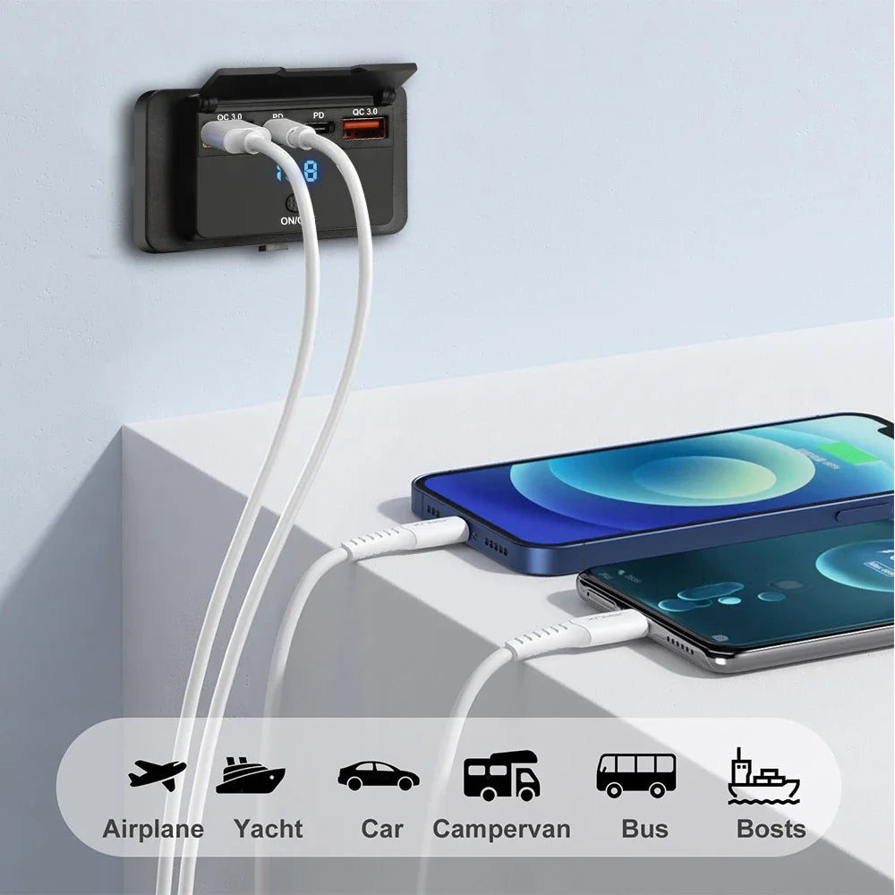 Car Charger Socket Adapter with Switch, 2-4-Ports Charging Splitter, Outlet for Bus, RV, ATV,Truck,Boat,Outlet,12V,24V, PD,QC3.0