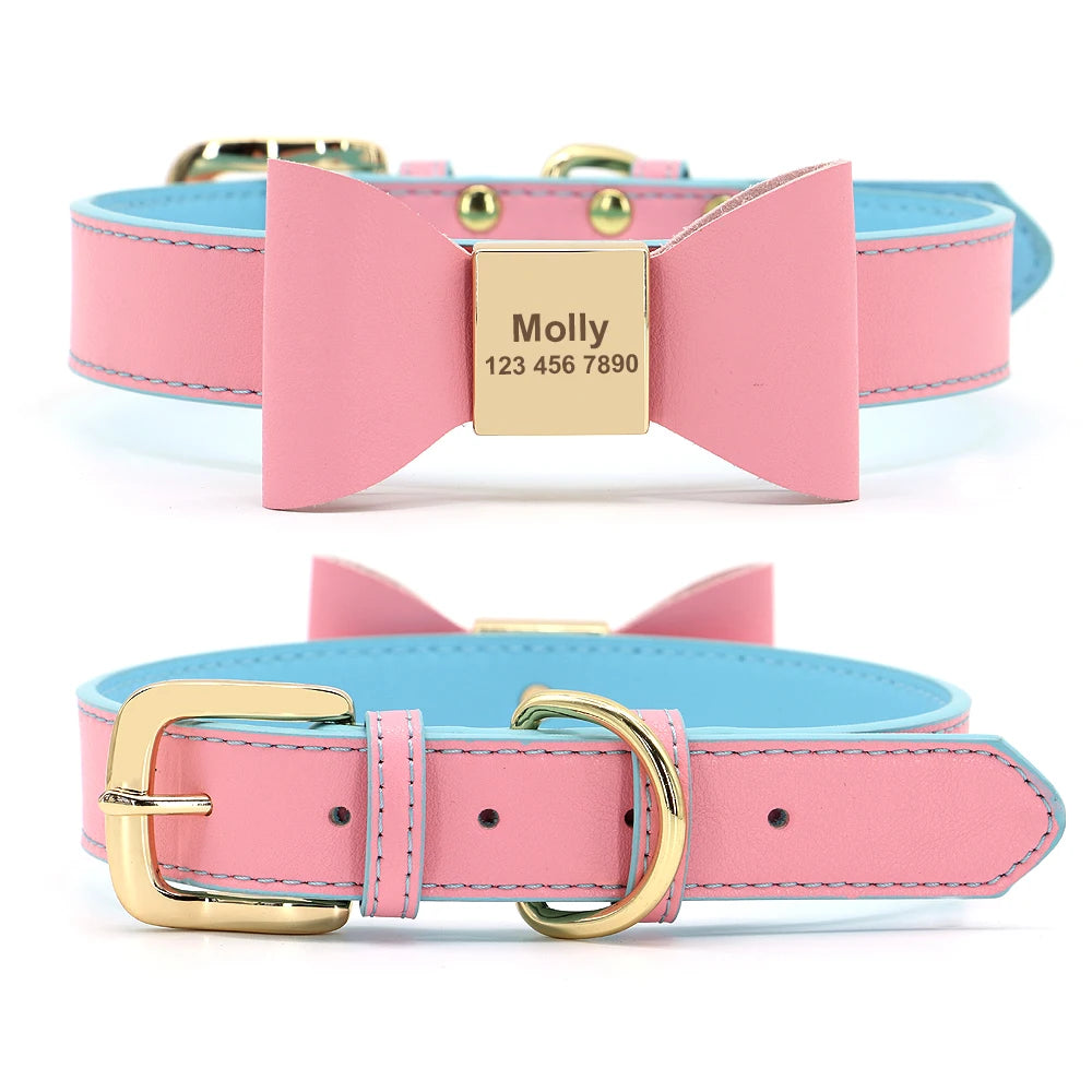 Custom PU Leather Dog Collar Soft Bowknot Pet Collars Engraved Name Puppy Cat Necklace Anti-lost for Small Medium Large Dogs Pug