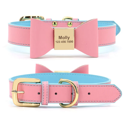 Custom PU Leather Dog Collar Soft Bowknot Pet Collars Engraved Name Puppy Cat Necklace Anti-lost for Small Medium Large Dogs Pug