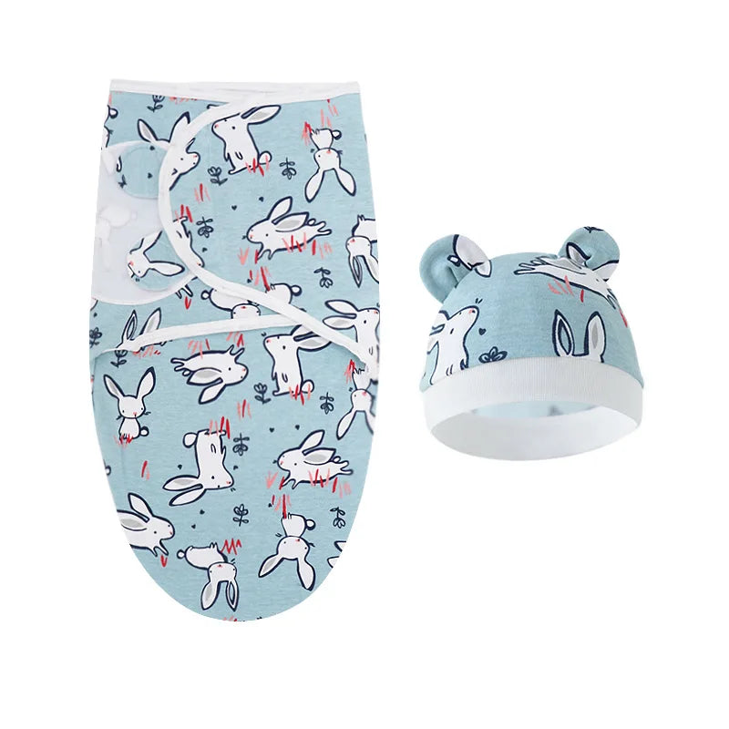 Baby Blanket Hat Set Cartoon Printed Cotton Newborn Swaddle Adjustable Infant Blankets Wraps Applicable All Seasons 0-6 Months