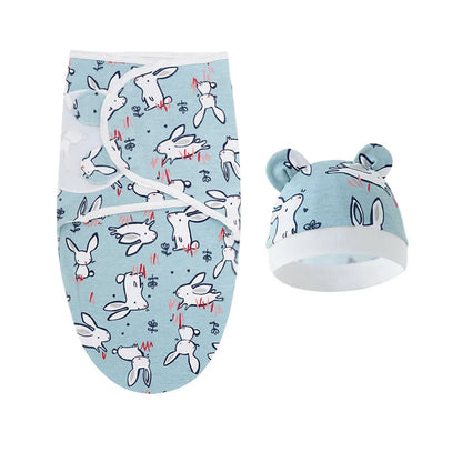 Baby Blanket Hat Set Cartoon Printed Cotton Newborn Swaddle Adjustable Infant Blankets Wraps Applicable All Seasons 0-6 Months