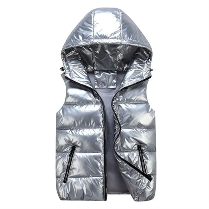 Men’s Glossy Hooded Winter Padded Vest - Waterproof Thicken Sleeveless Jacket, Casual Warm Outwear Waistcoat (Up to 4XL)
