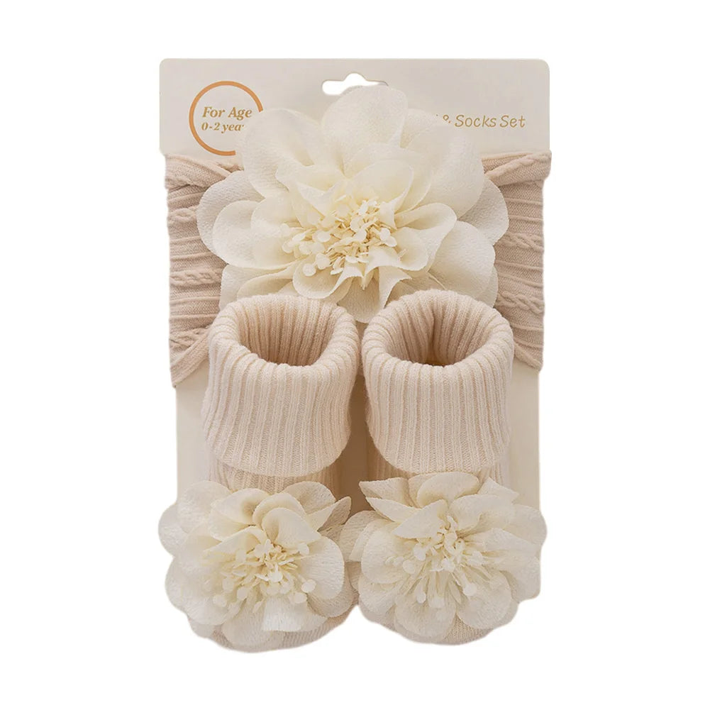 3Pcs/Set Lace Flower Baby Headbands Socks Cotton Non-slip Anklet 0-12M Stockings Wide Elastic Hairbands Infant Photogrphy Props