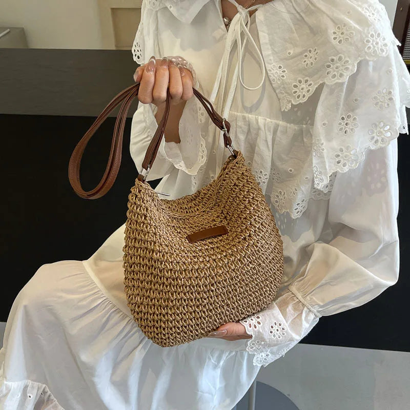 Straw woven bag, single shoulder, women's fashionable weaving, ins style, seaside beach, crossbody bag for women