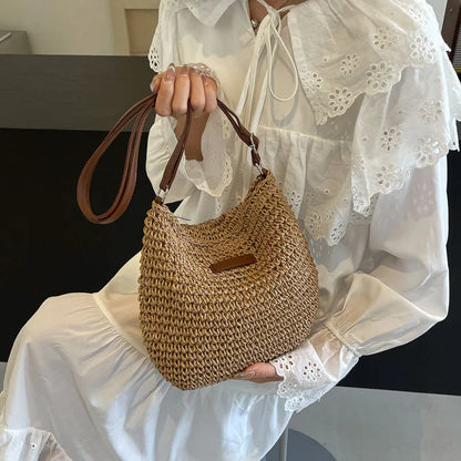 Straw woven bag, single shoulder, women's fashionable weaving, ins style, seaside beach, crossbody bag for women