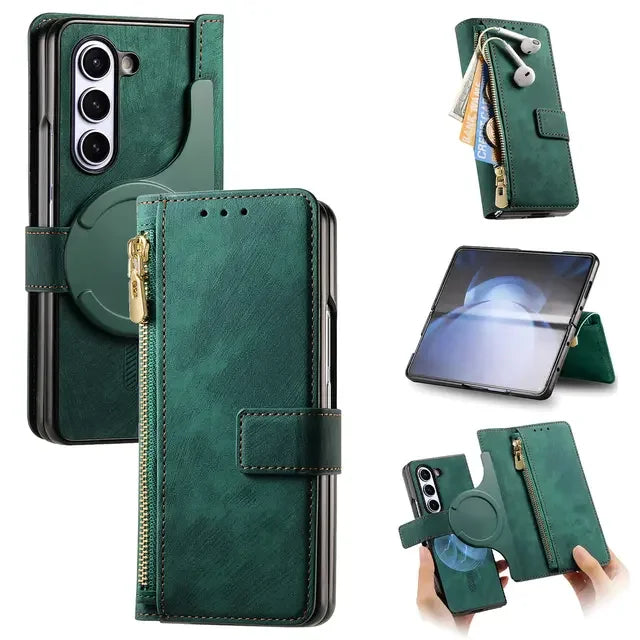 2 in 1 Magnetic Zipper Cards Solt Wallet Leather Case For Samsung Galaxy Z Fold 8 ultra 7 6 5  Wireless Charging Bag Purse Cover