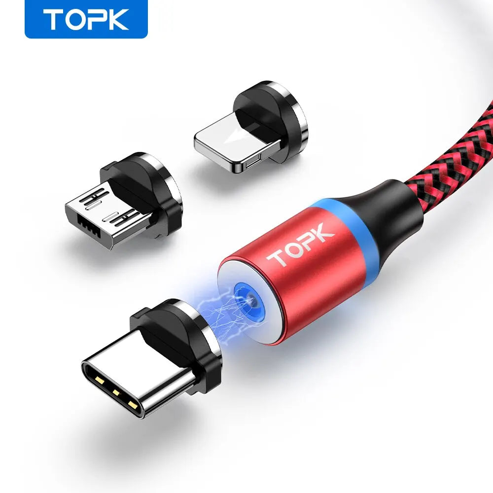 Magnetic Charging Cable 3 IN 1 TOPK 360 Rotation Magnetic Phone Charger Cable with LED Light for Micro USB Type C Cable