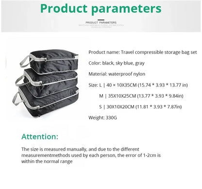 3Pcs/set Black/Blue/Grey Compressible Travel Storage Bag Portable Large Capacity Storage Bag Suitcase Luggage Packing Cubes