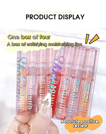 Four pack lip gloss set box, water gloss jelly lip gloss, moisturizing glass lips, not easy to stick to cup