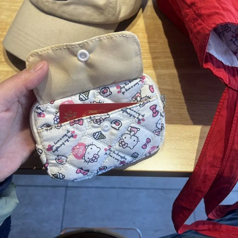 New Cute Sanrio Soft Cotton Embroidered Bow Zipper Women's Makeup Bag Cat Card Bag, Earphone Bag, Key Bag, CCD Storage Bag