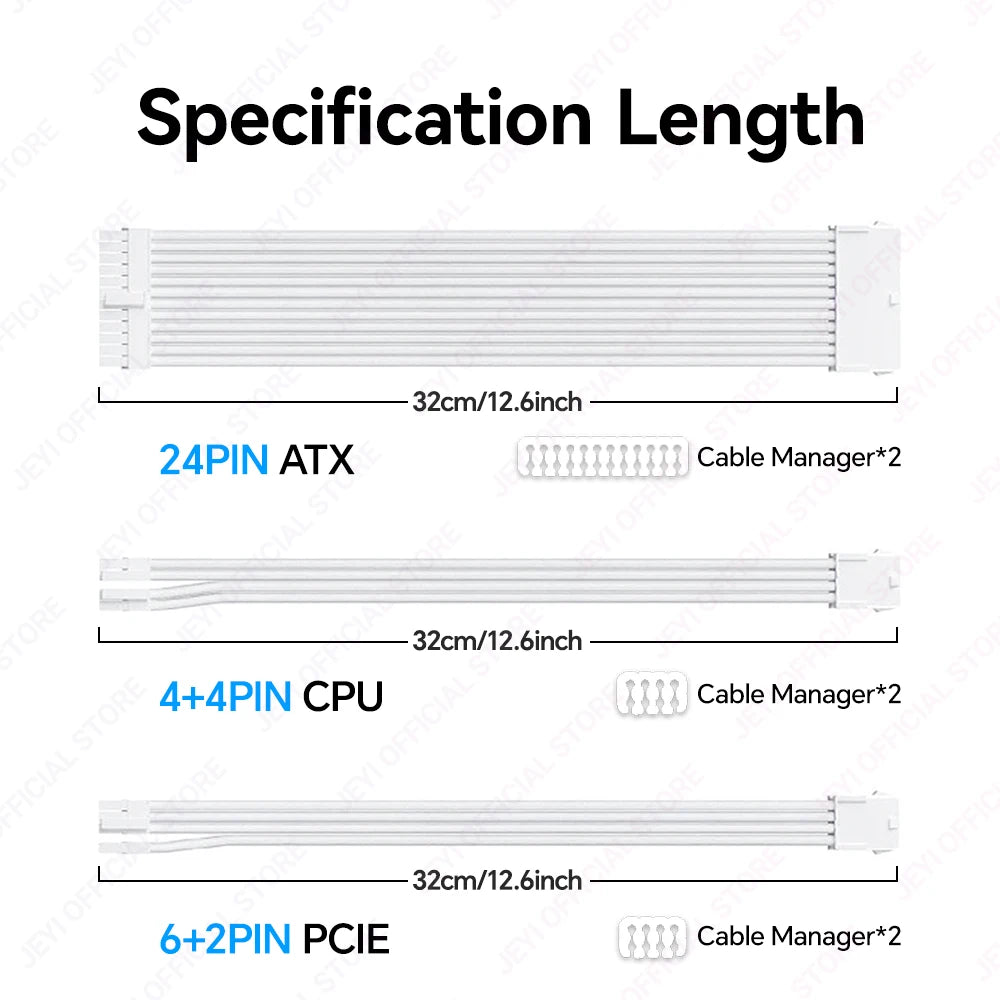 JEYI PSU Extension Cable Kit-24Pin ATX + 8Pin EPS + 6+2Pin PCIe,18AWG Sleeved with Combs,Fit Universal Case Compatibility