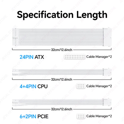 JEYI PSU Extension Cable Kit-24Pin ATX + 8Pin EPS + 6+2Pin PCIe,18AWG Sleeved with Combs,Fit Universal Case Compatibility