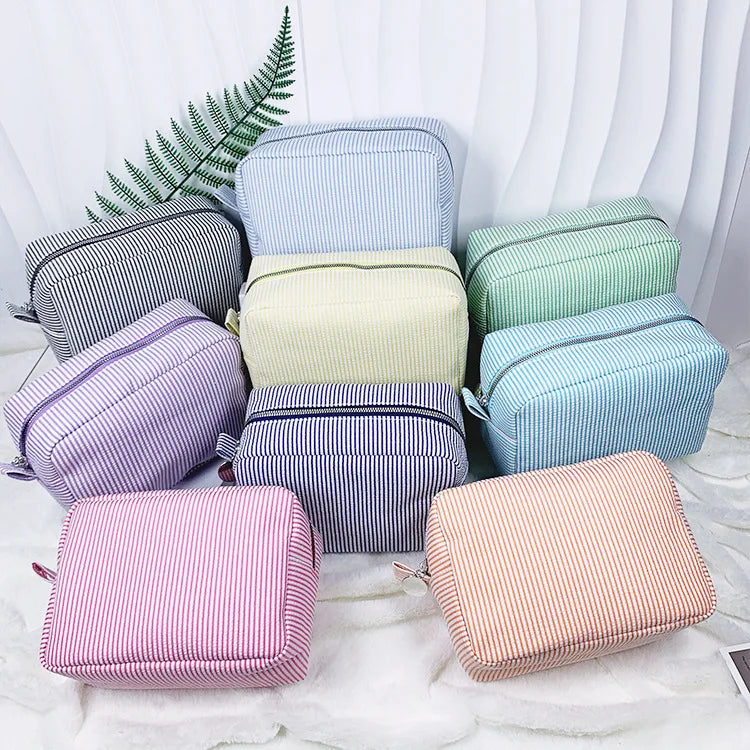 Seersucker Ruffle Cosmetic Bags Pink/Purple Striped Storage Make Up Bags for Women Lady with Zipper Travel Bag Makeup Bag