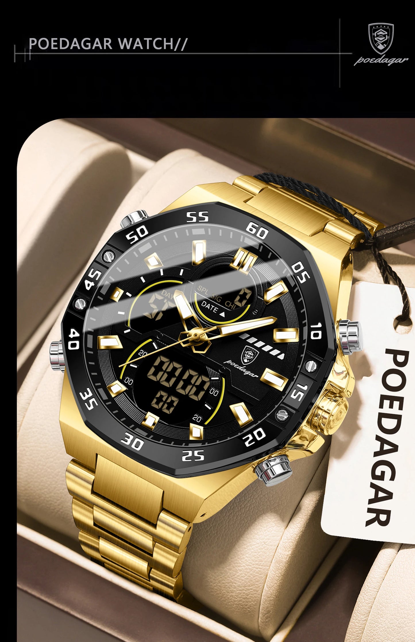 POEDAGAR Top Men Clock LED Luminous Waterproof Week Date Military Man Wristwatch Electronic Stainless Steel Quartz Men's Watches