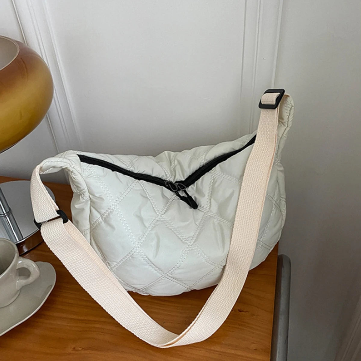 Black diamond check embroidered thread large capacity down Cloud Women's shoulder crossbody dumpling bag (without pendant)