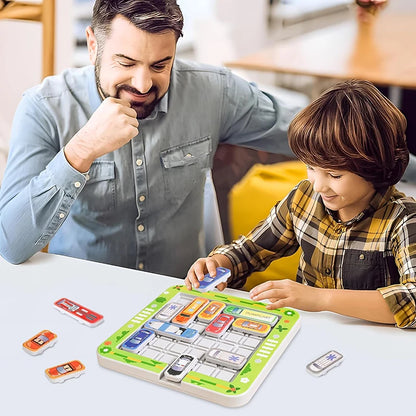 Children's educational puzzle game for logical thinking and concentration, parking lot with moving vehicles and maze toys