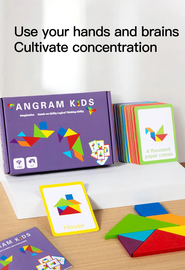 3D Wooden Tangram Jigsaw Puzzles Board Games Kids Montessori Educational Toys Children Kindergarten Geometric Shape Teaching Aid