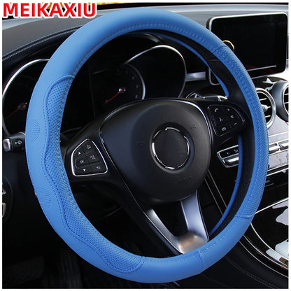 38cm PU Fiber Leather Steering Wheel Cover Embossed Style round Car Decorations Accessory with Inner Ring for All Seasons