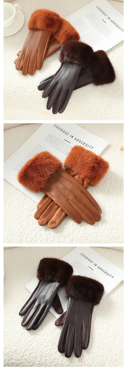 Winter Luxury Women's PU Leather Gloves Wrist Soft Faux Fur Trim Cuff Fashion Elegant Party Warm Touch Screen Drive Cycling