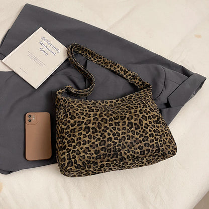 Trendy Casual Soft Textile Women's Shoulder Bag Large Capacity Leopard Print Female Retro Crossbody Bag For Commute Outings