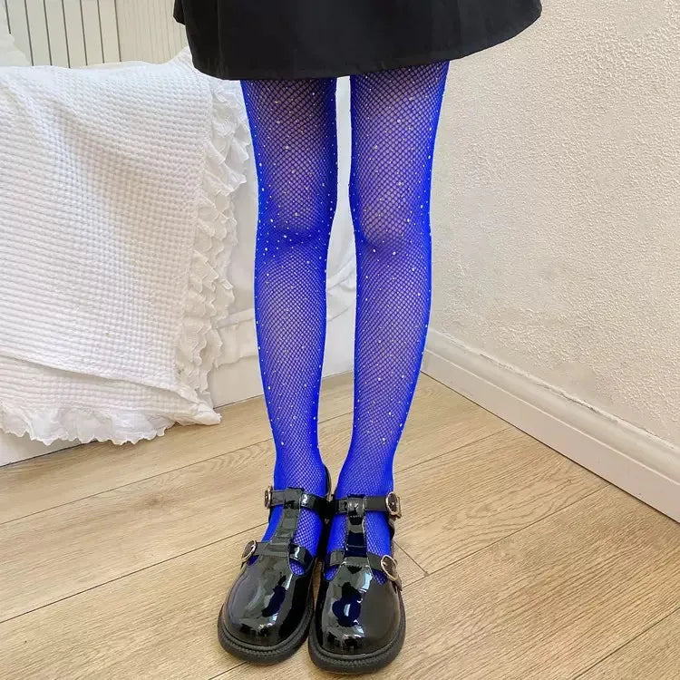 Child Fish Net Rhinestone Stretchy Tight Performance Costume Fishnet Legging Princess Baby Girls Shining Diamonds Mesh Pantyhose