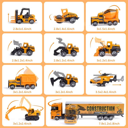 10 In 1 Construction Toys Truck Storage Die-cast Vehicle Transporter Car Set Excavator Dump Truck Digger Backhoe for Kids Gift