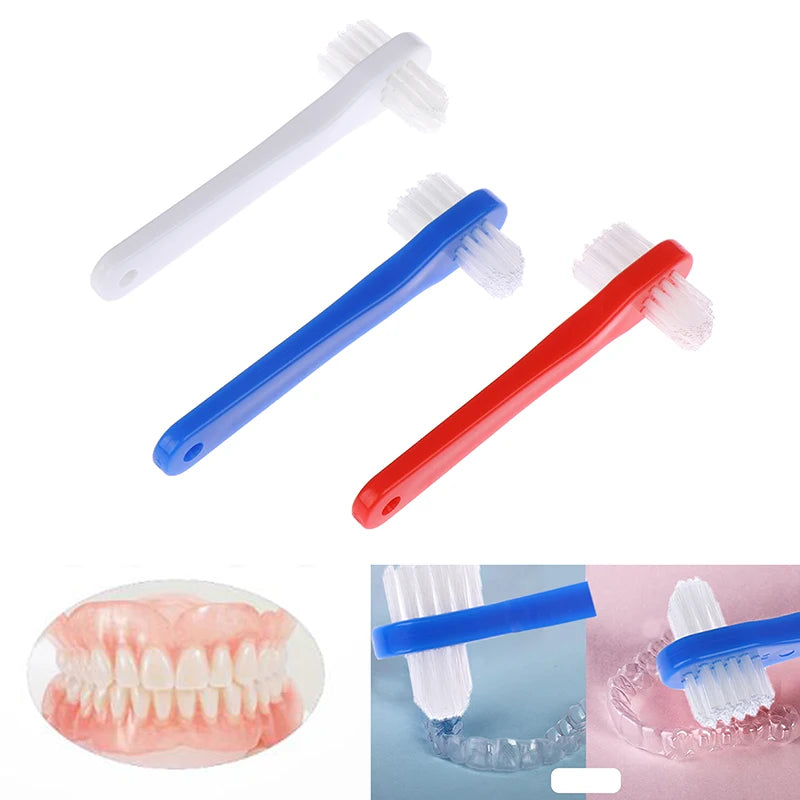 1 Pcs T-shape Denture Dedicated Plastic Brush Toothbrush Dual Head False Teeth Brushes Cleaner For Oral Health