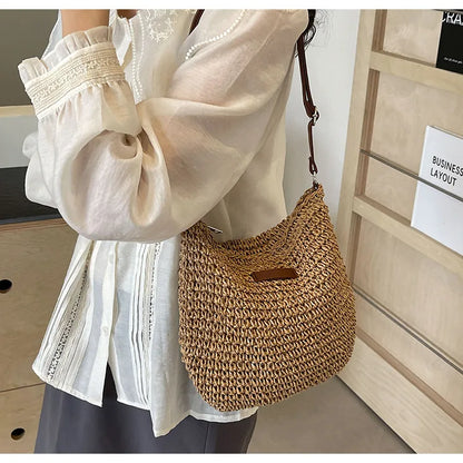 Straw woven bag, single shoulder, women's fashionable weaving, ins style, seaside beach, crossbody bag for women