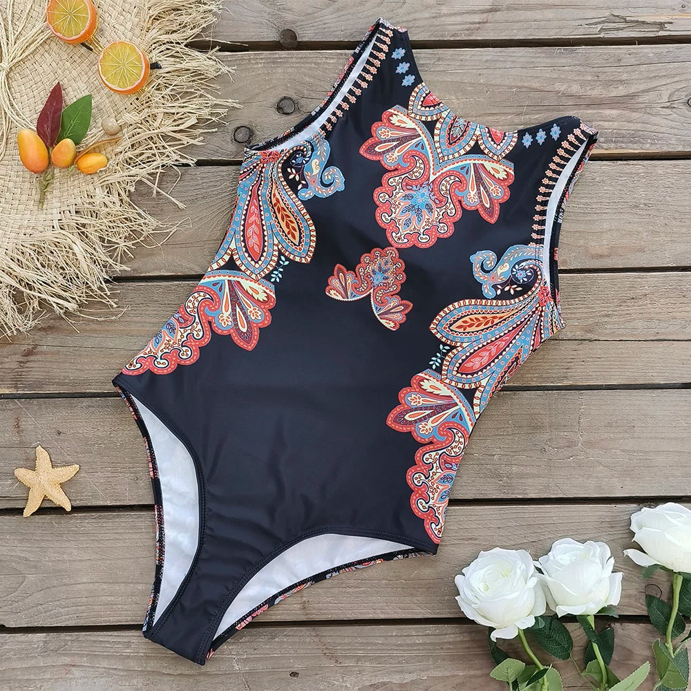 2026 New Printed One-piece Swimsuit Classic Printed Lace Up Swimsuit Women's Push Up Flower One-piece Suit Beach Wear For Female