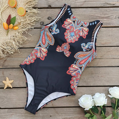 2026 New Printed One-piece Swimsuit Classic Printed Lace Up Swimsuit Women's Push Up Flower One-piece Suit Beach Wear For Female
