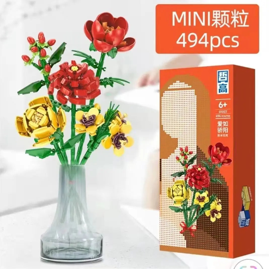 KNEW BUILT Flower Bouquet 3D Model Toy Mini Build Blocks for Girl Plant Potted Assemble Brick Decoration Holiday Girlfriend Gift