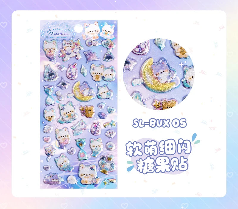 3 pcs/6 pcs Sweet Candy Pets Cat Coffee Cakes Flash Puffy 3D Stickers Scrapbooking Diy Diary Stationery Stickers School Supplies