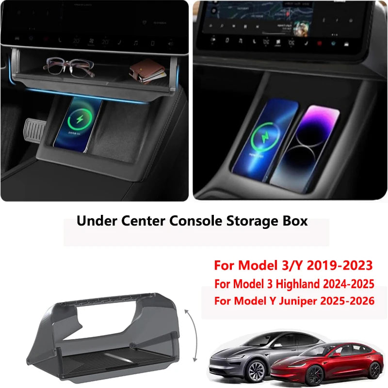 Center Console Screen Under Storage Box For Tesla Model 3/Y Juniper 2019-2026 Center Hidden Storage Organizer Tray Accessories