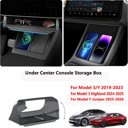 Center Console Screen Under Storage Box For Tesla Model 3/Y Juniper 2019-2026 Center Hidden Storage Organizer Tray Accessories