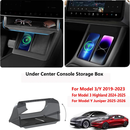 Center Console Screen Under Storage Box For Tesla Model 3/Y Juniper 2019-2026 Center Hidden Storage Organizer Tray Accessories