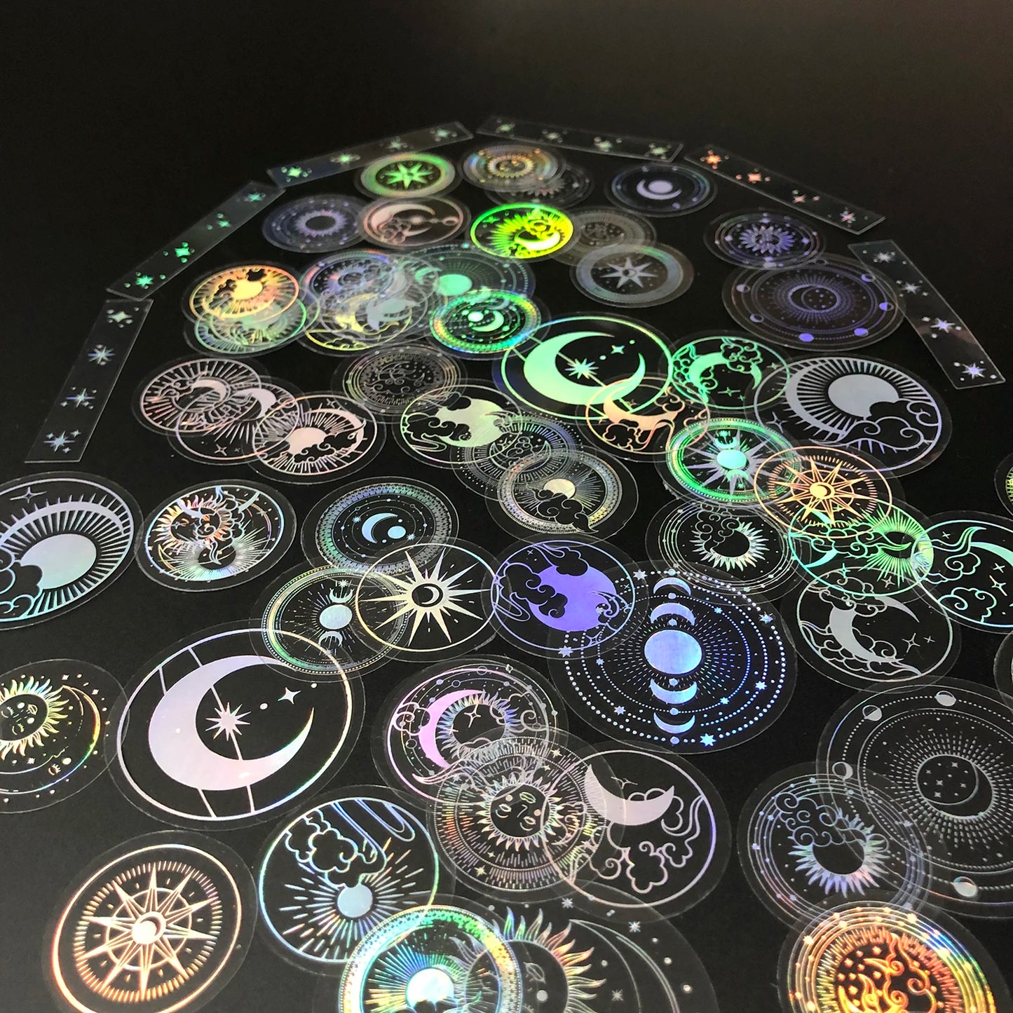 70 pcs PET Adhesive Stickers Waterproof Transparent Laser Silver Stickers Label: SUN MOON Stars Etc