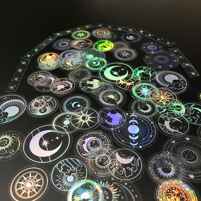 70 pcs PET Adhesive Stickers Waterproof Transparent Laser Silver Stickers Label: SUN MOON Stars Etc