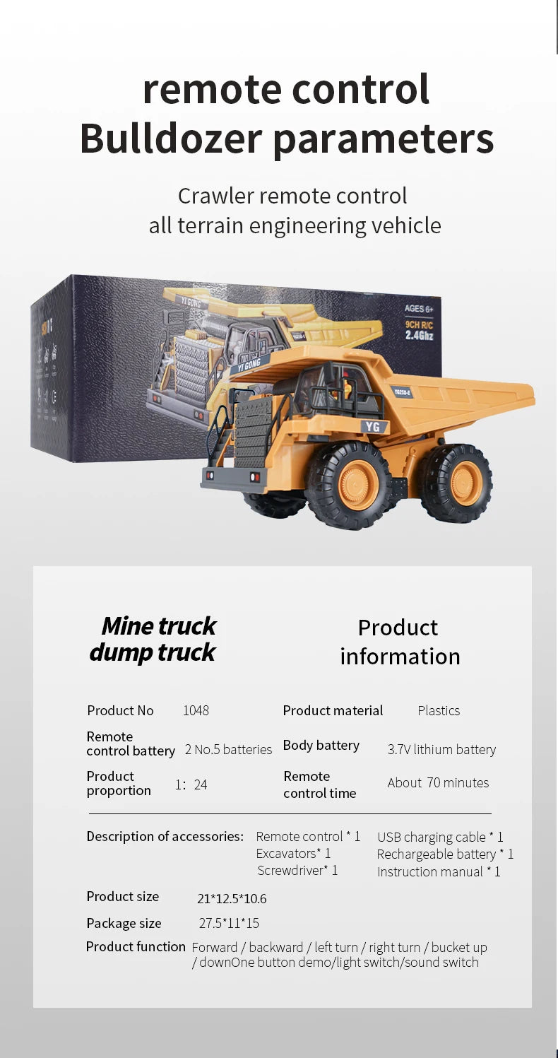 1:20 RC Excavator Dumper Car 2.4G Remote Control Engineering Vehicle Crawler Truck Bulldozer Toys for Boys Kids Birthday Gifts
