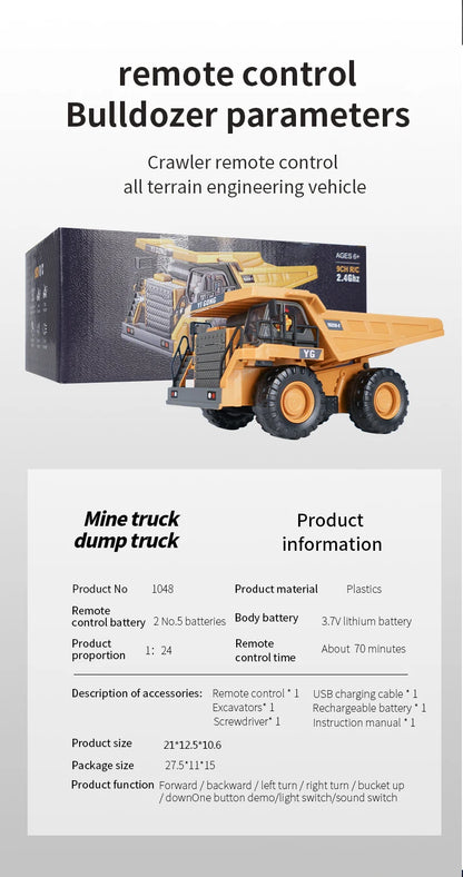 1:20 RC Excavator Dumper Car 2.4G Remote Control Engineering Vehicle Crawler Truck Bulldozer Toys for Boys Kids Birthday Gifts