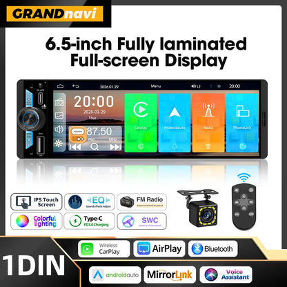 6.5 Inch 1Din IPS Screen Wireless Carplay Android Auto Airplay Car Radio MP5 Player Stereo Bluetooth FM Type-C PD3.0 Fast Charge