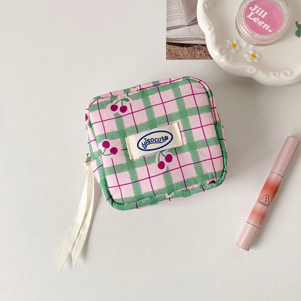 Cute Cherry Plaid Makeup Bag for Lipstick Cosmetics Coin Purse Sanitary Pads