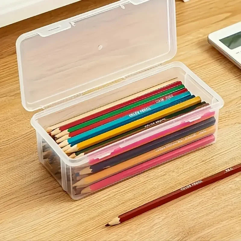 4 large transparent PP storage boxes with lids, used for storing office supplies, pencils, and crafts