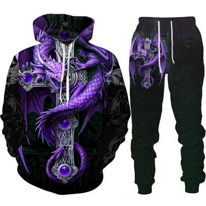 Retro Dragon Tattoo Tracksuit Set – 3D Print Hoodie & Pants, Casual Oversized 2-Piece Sweatshirt Outfit for Men & Women